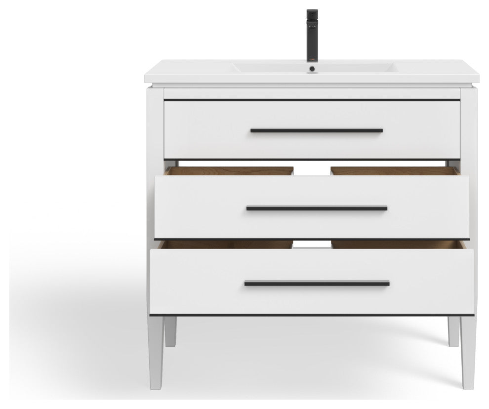 Celios Bathroom Vanity, White With Black Trim, 36", Single Sink, Freestanding