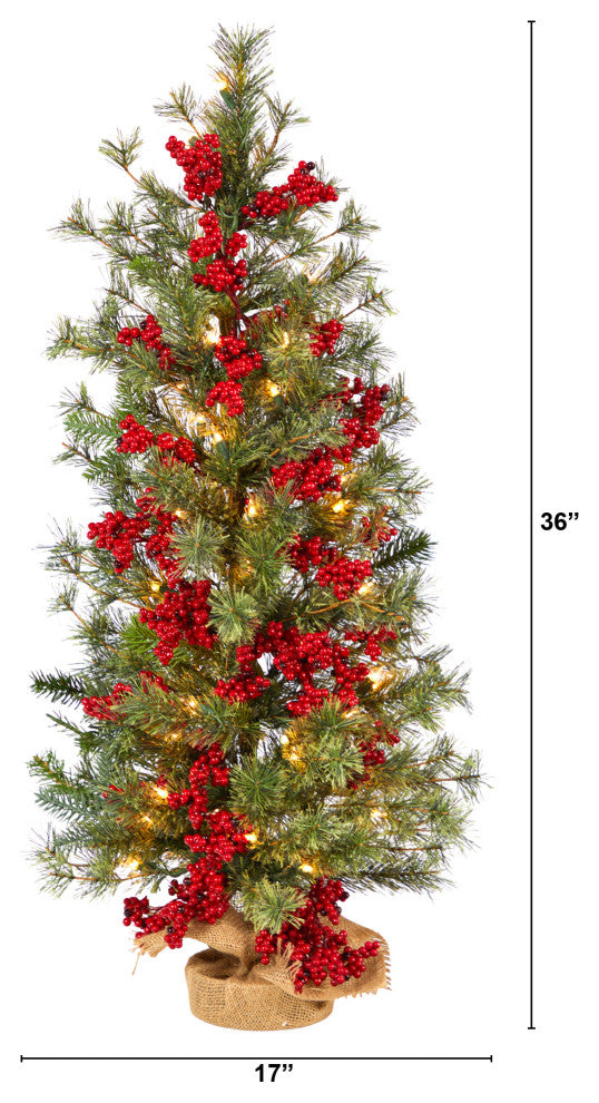 T3254 3 Berry and Pine Christmas Tree With 50 White Lights & Burlap Wrapped Base