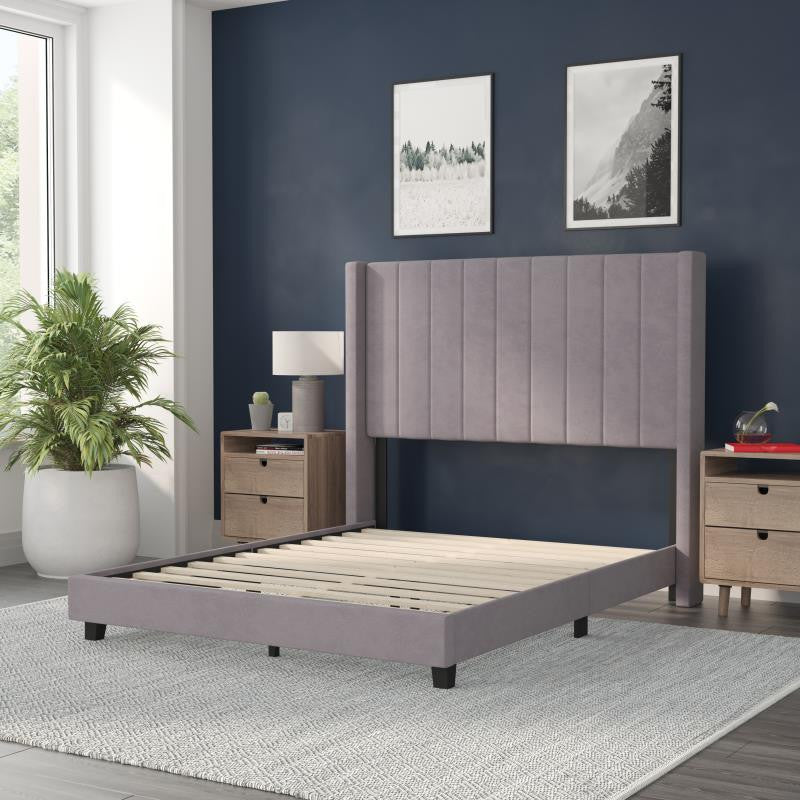 Bianca Upholstered Platform Bed w/Vertical Stitched Wingback Headboard, Gray Velvet, Full