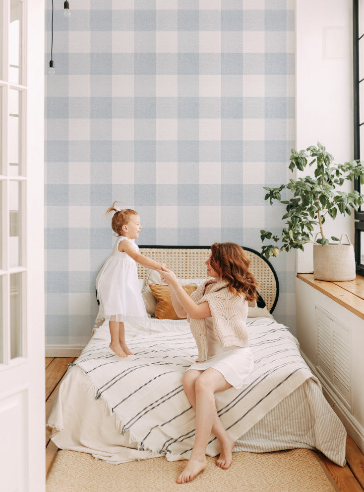 Checkered Fabric Look Medium Peel and Stick Vinyl Wallpaper, Blue, 24"x108"