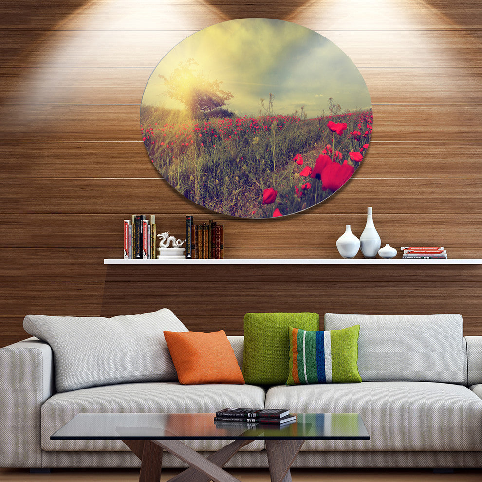 Vintage Photo Of Poppies At Sunset, Flower Round Metal Wall Art, 38"