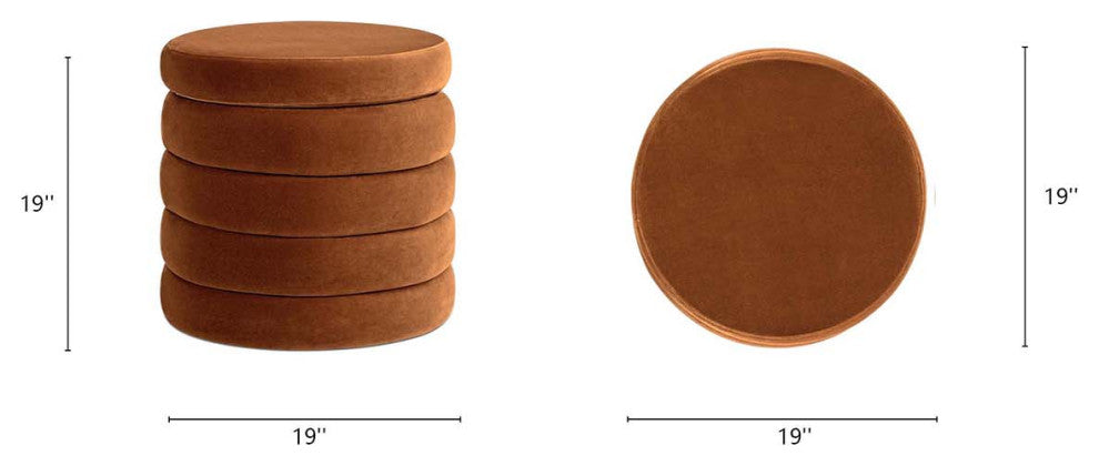 Fuji 19" Oversized Horizontal Tufted Round Storage Ottoman, Burnt Orange Velvet