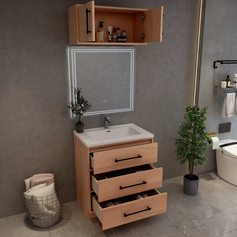 Victoria 30" Solid Wood Bath Vanity, Overhead Cabinet, Red Oak