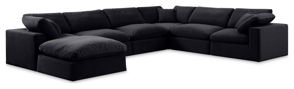 Comfy Upholstered U-Shaped Modular Sectional, Black, 7-Piece: 3 Armless Chair, 3 Corner Chair, 1 Ottoman, Velvet