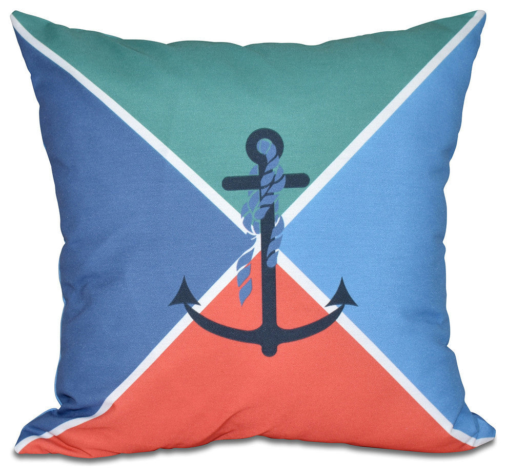 Anchor Flag, Geometric Print Outdoor Pillow, Green, 20"x20"