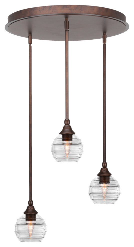 Empire 3 Light Cluster Pendalier In Bronze Finish With 6" Clear Ribbed