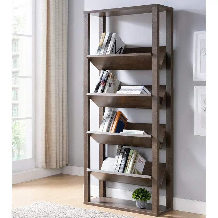 Transitional Bookcase, Unique Design With 4 Angled Open Shelves, Walnut Finish
