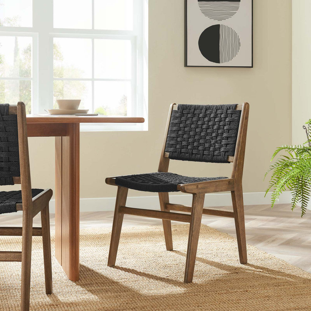 Saoirse Woven Rope Wood Dining Side Chair, Set of 2, Walnutt Black