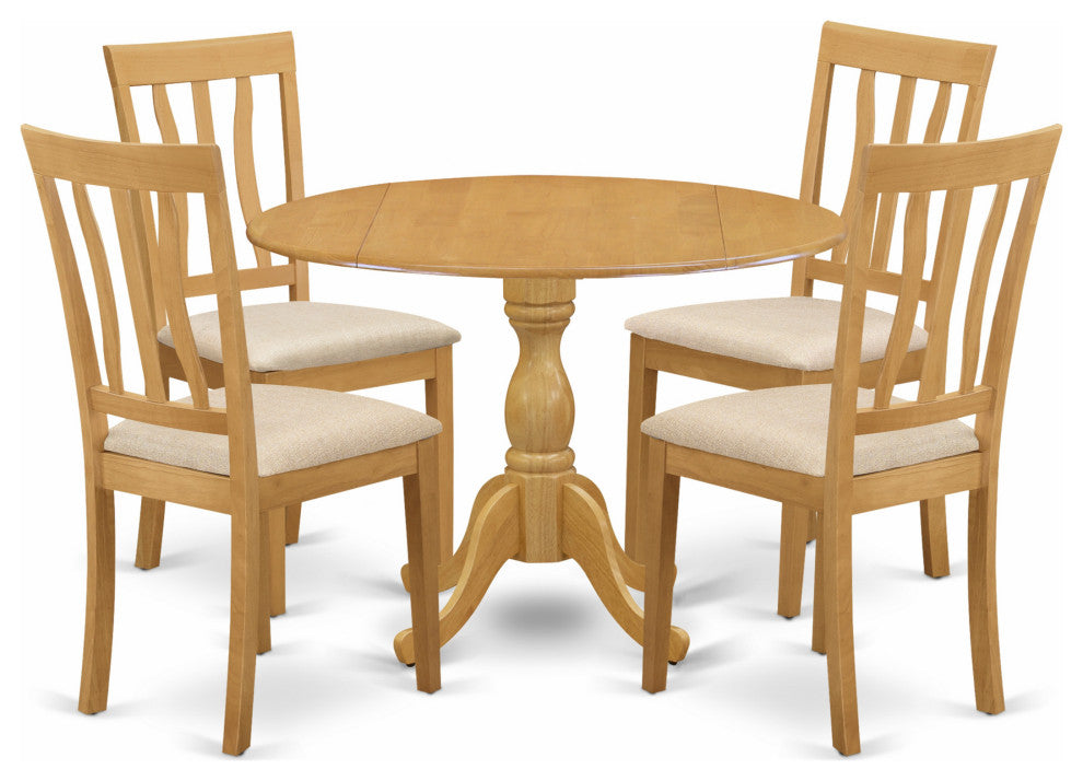 5 Pc Dining Set, Oak Table, 4 Oak Dining Chairs, Slatted Back, Oak Finish