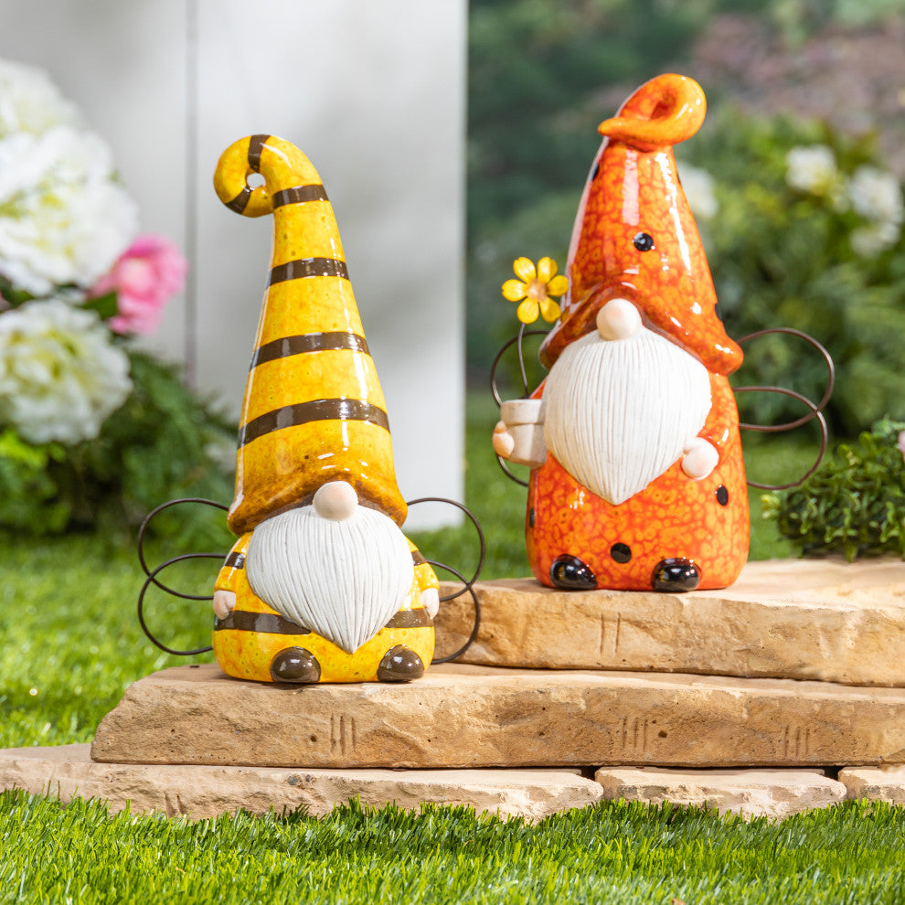 Set of 2, Assorted 9.8" Terracotta Bug and Bee Gnomes