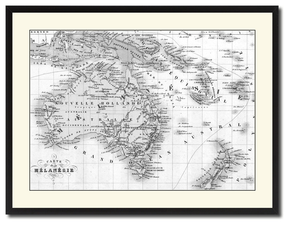 New Zealand Oceania Australia Vintage B&W Map Canvas Print, 28"x37"