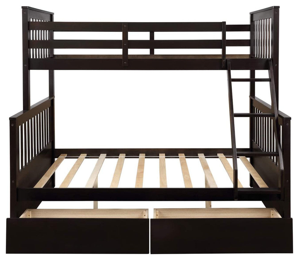 Kids Solid Wood Twin Bed with Rail, Ladder and Two Storage Drawer