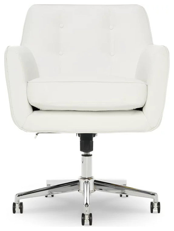 Swivel Office Chair, Memory Foam Seat & Button Tufted Back, White Faux Leather
