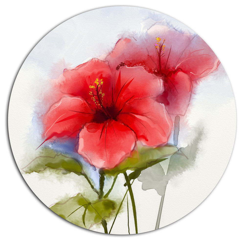 Watercolor Painting Red Hibiscus Flower, Floral Disc Metal Artwork, 11"