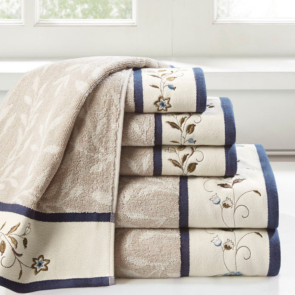 Madison Park Serene Cotton Jacquard Embroidered 6-Piece Towel Set, Navy Blue
