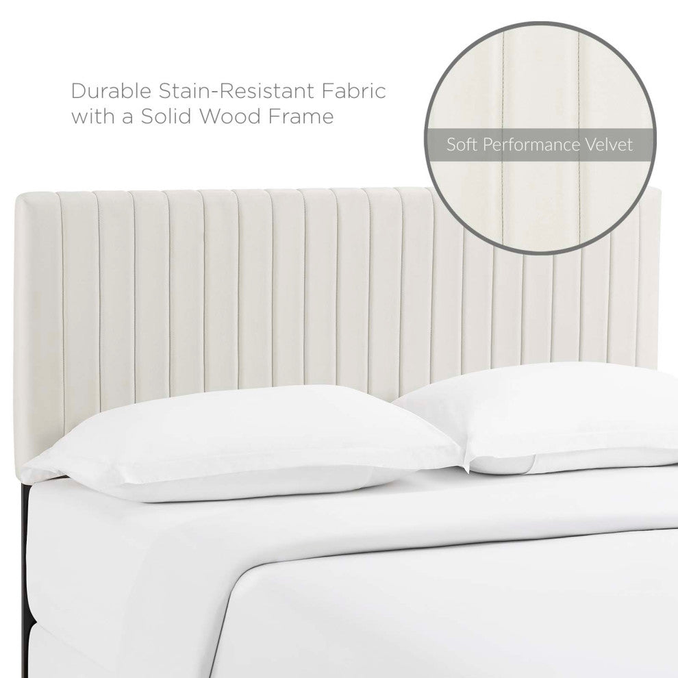 Contemporary Modern Full and Queen Size Headbaord, Velvet Fabric, Ivory White