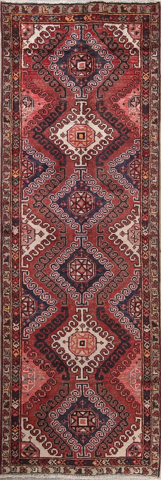 Consigned, Vintage Handmade Persian Oriental Low Pile Carpet, Red, 9'6"X3'2"