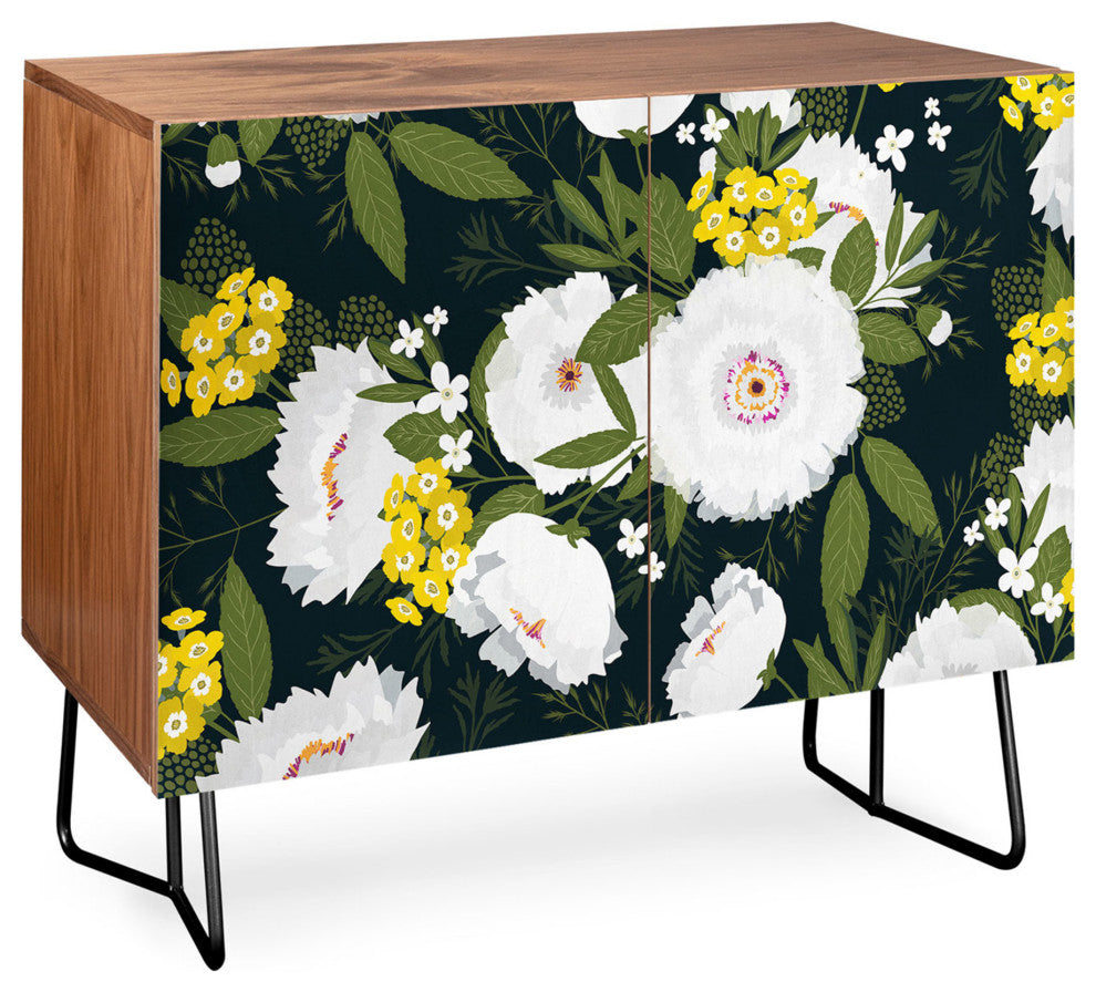 Deny Designs Fleurette Night Credenza, Walnut, Black Steel legs