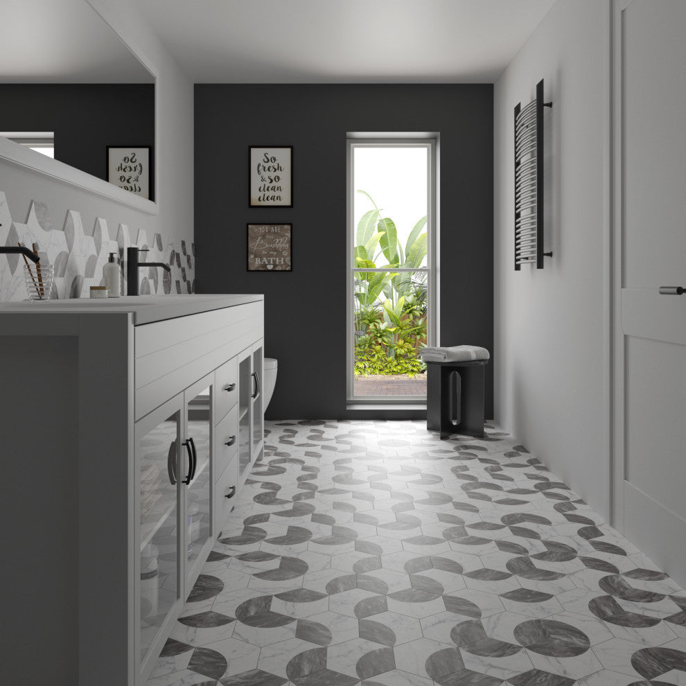 Classico Bardiglio Hex Porcelain Floor and Wall Tile Sample, White