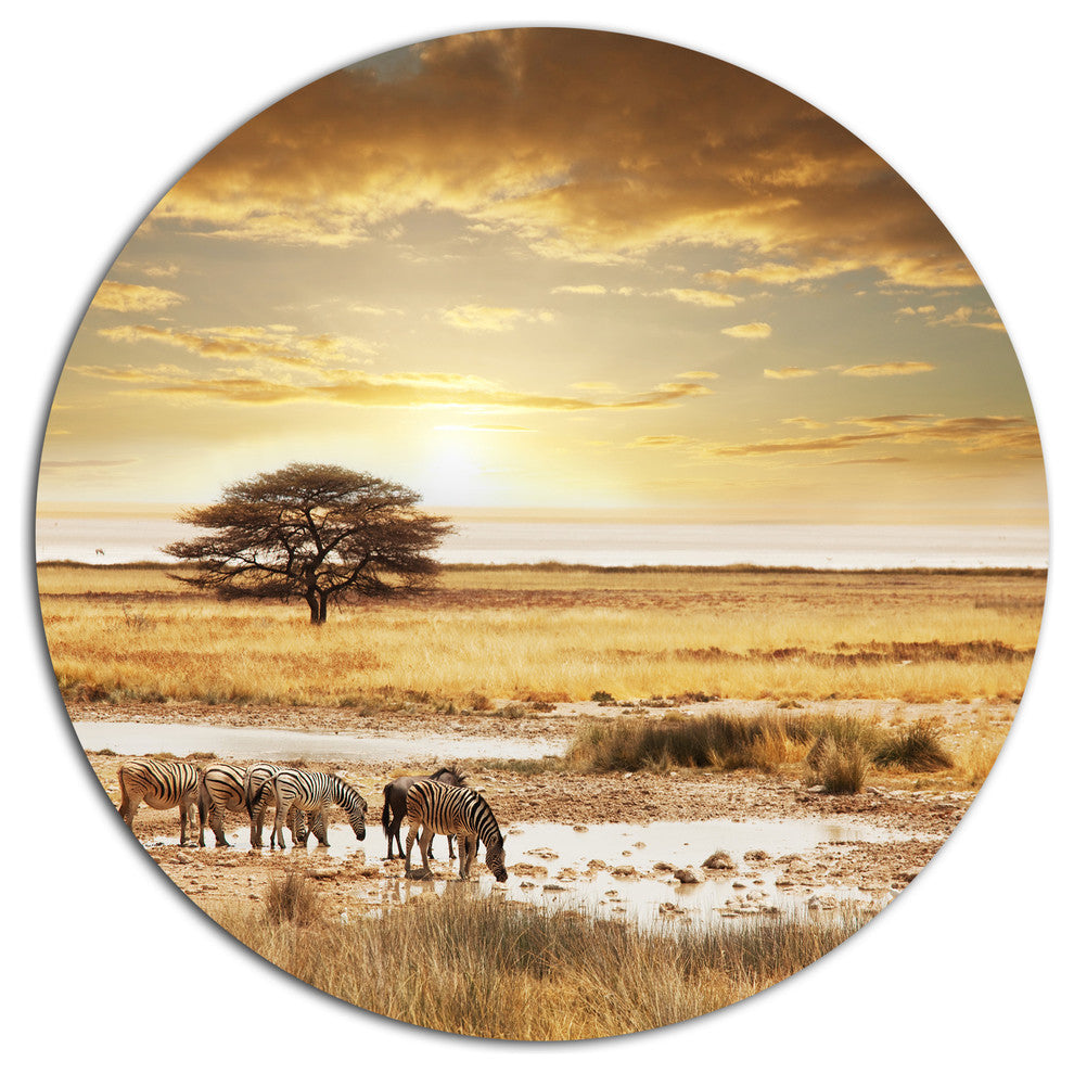Herd Of Zebras Drinking Water, African Landscape Round Wall Art, 11"