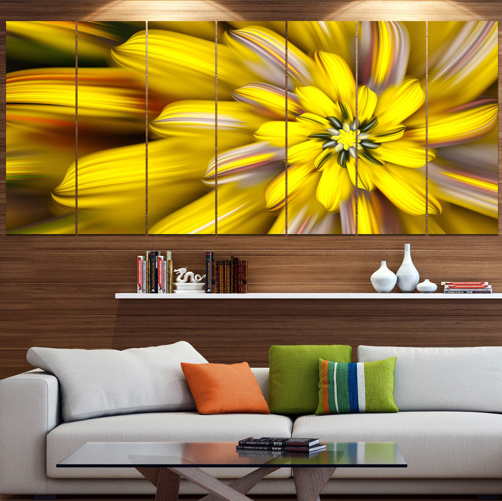 Massive Yellow Fractal Flower, Floral Canvas Art Print, 83"x32", 7 Panels