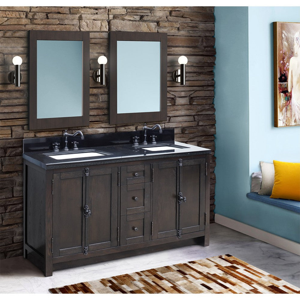 55" Double Vanity, Brown Ash Finish With Black Galaxy Top