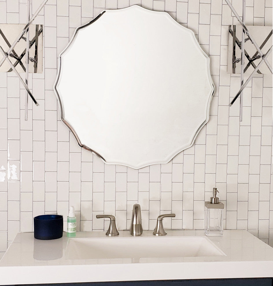 27 in. Single Round Ridge Frameless Wall Mirror with Engraved Edge