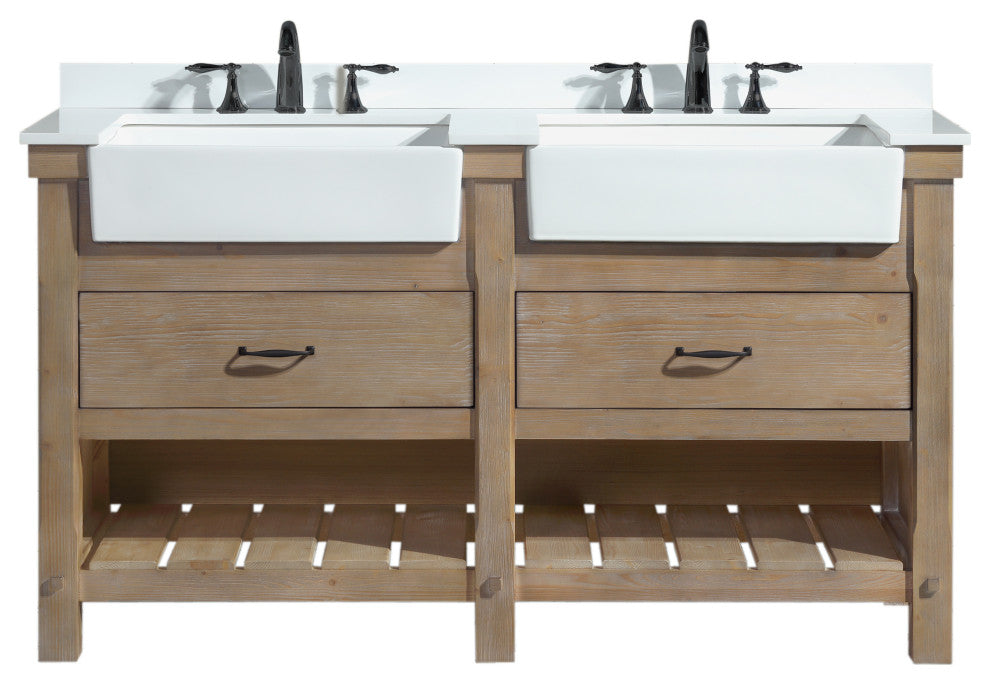Marina 60" Bathroom Vanity, Weathered Finish, White Engineered Stone