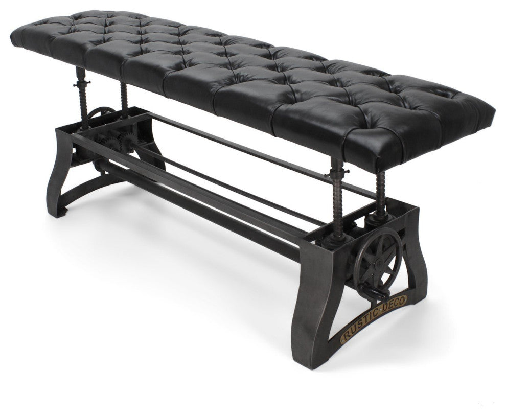 Crescent Industrial Dining Bench - Adjustable Iron Base - Black Leather Seat