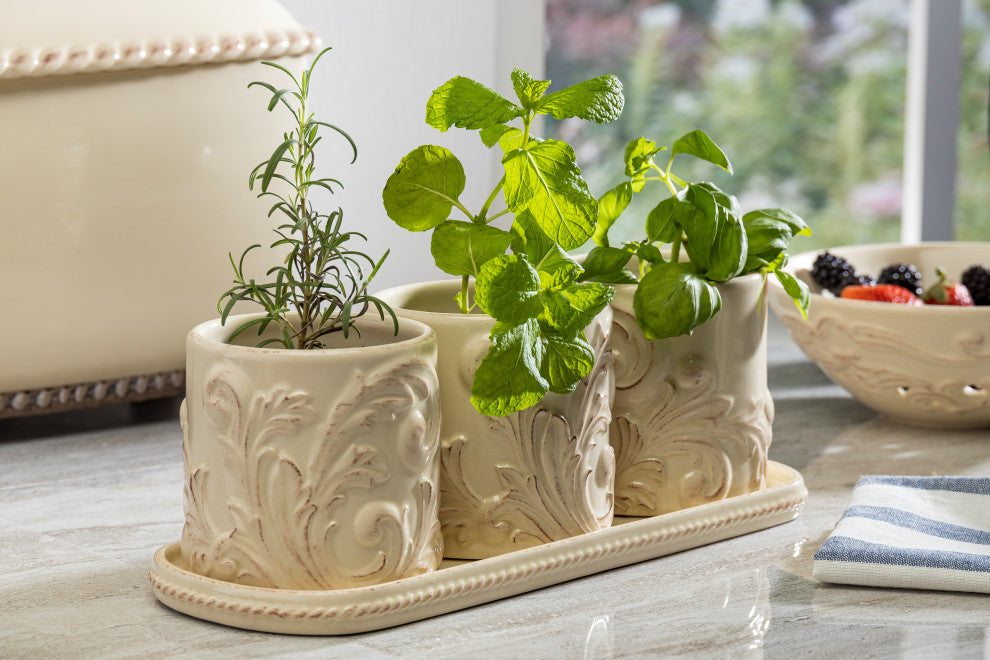GG Collection Acanthus Indoor Outdoor Herb, Flower, Or Plant Holders With Tray