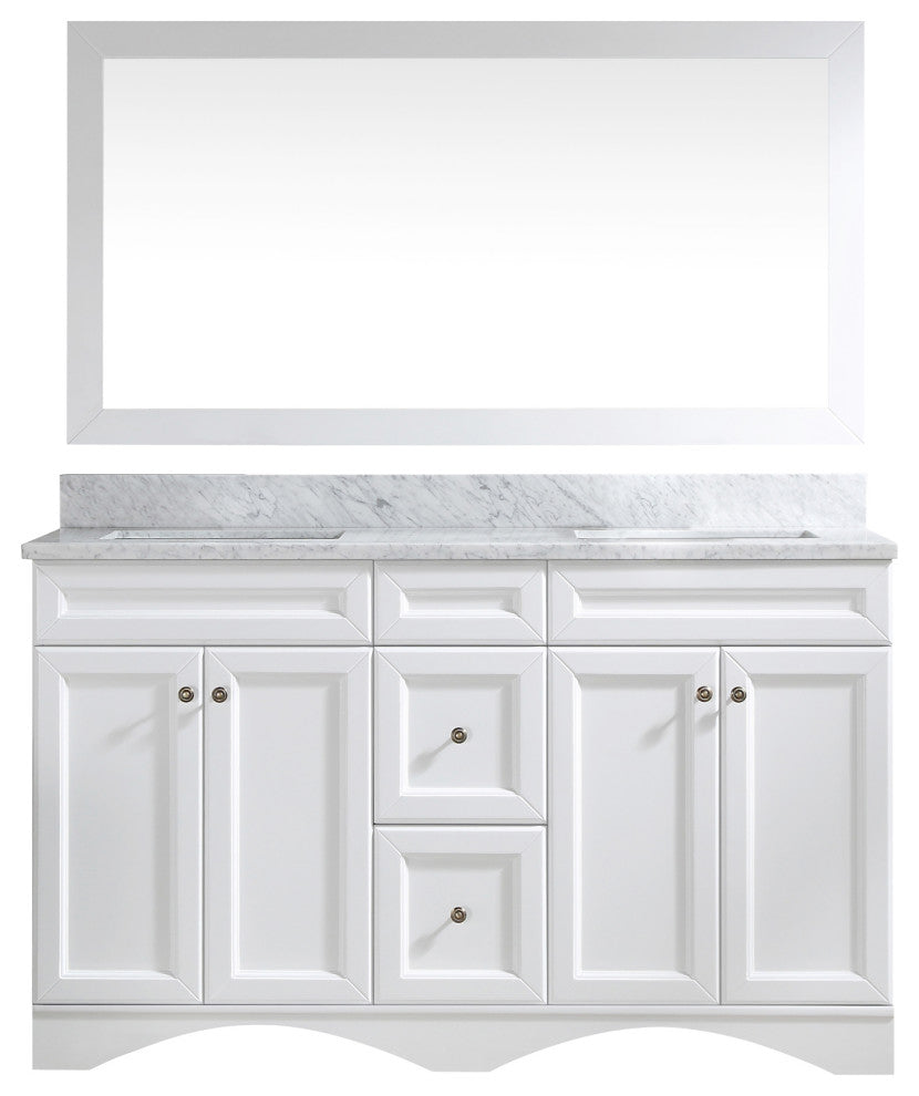 CASAINC 60" Marble Top Double Sink Bathroom Vanity with Mirror, White