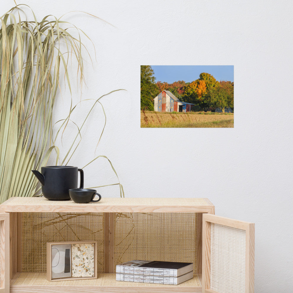 Patriotic Barn in Field Landscape Photo, Rural Unframed Wall Art Print, 12" X 18"