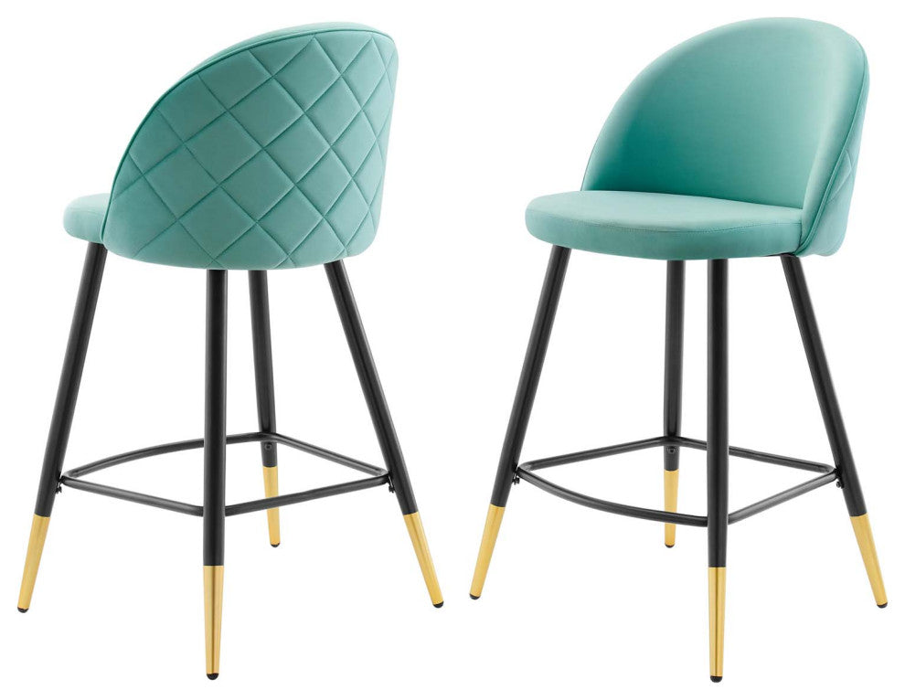 Counter Stool Chair, Set of 2, Velvet, Metal, Blue, Modern, Bar Pub Cafe Bistro