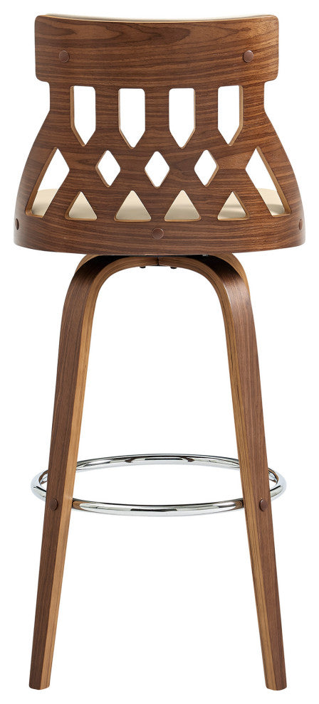 26" Cream Faux Leather Curved Back Walnut Wood Swivel Bar Stool