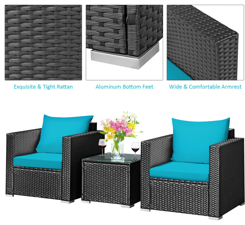 Costway 3PCS Patio Rattan Wicker Furniture Set Sofa Table W/Cushion Turquoise