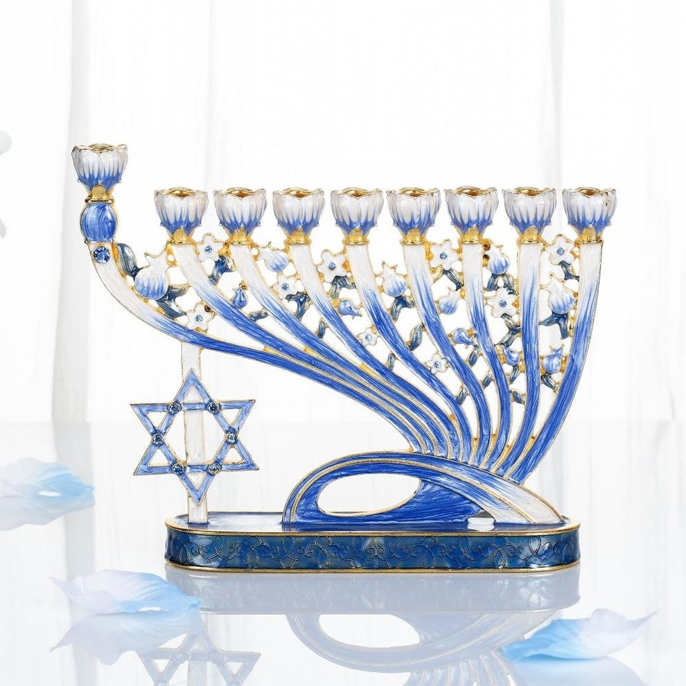 Hand Painted Blue Enamel Menorah Candelabra With Star of David