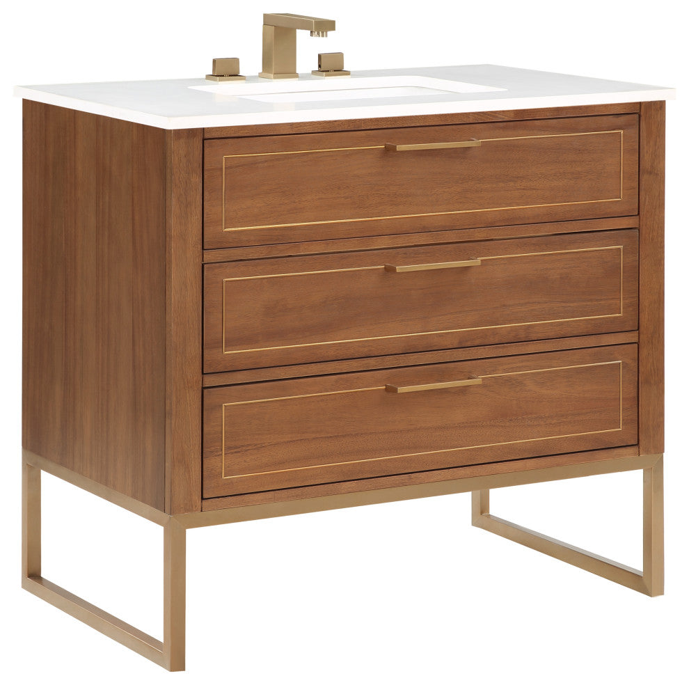 Markham Bathroom Vanity, Walnut/Satin Brass, 36", Calacatta Quartz Top