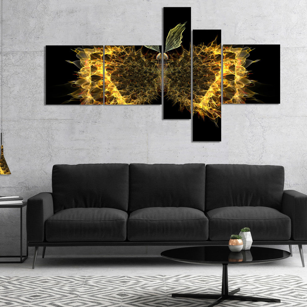 Golden Fractal Butterfly in Dark, Abstract Canvas Art Print, 60"x32", 5 panels