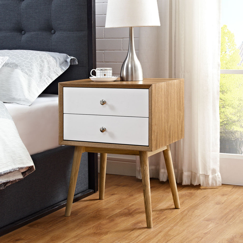 Nightstand Side End Table, Wood, Brown Natural White, Modern Living Room