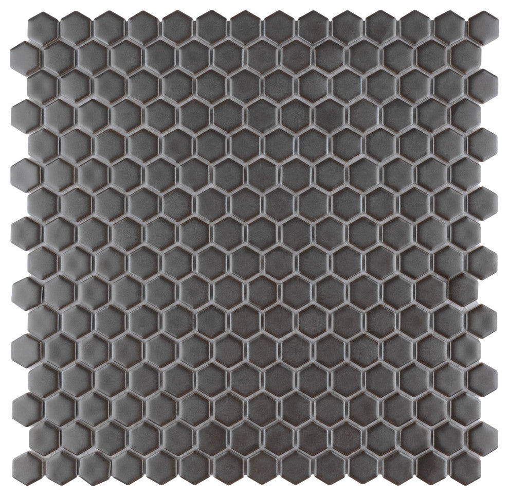 Colmena Hex Porcelain Floor and Wall Mosaic Tile, Matte Gunmetal