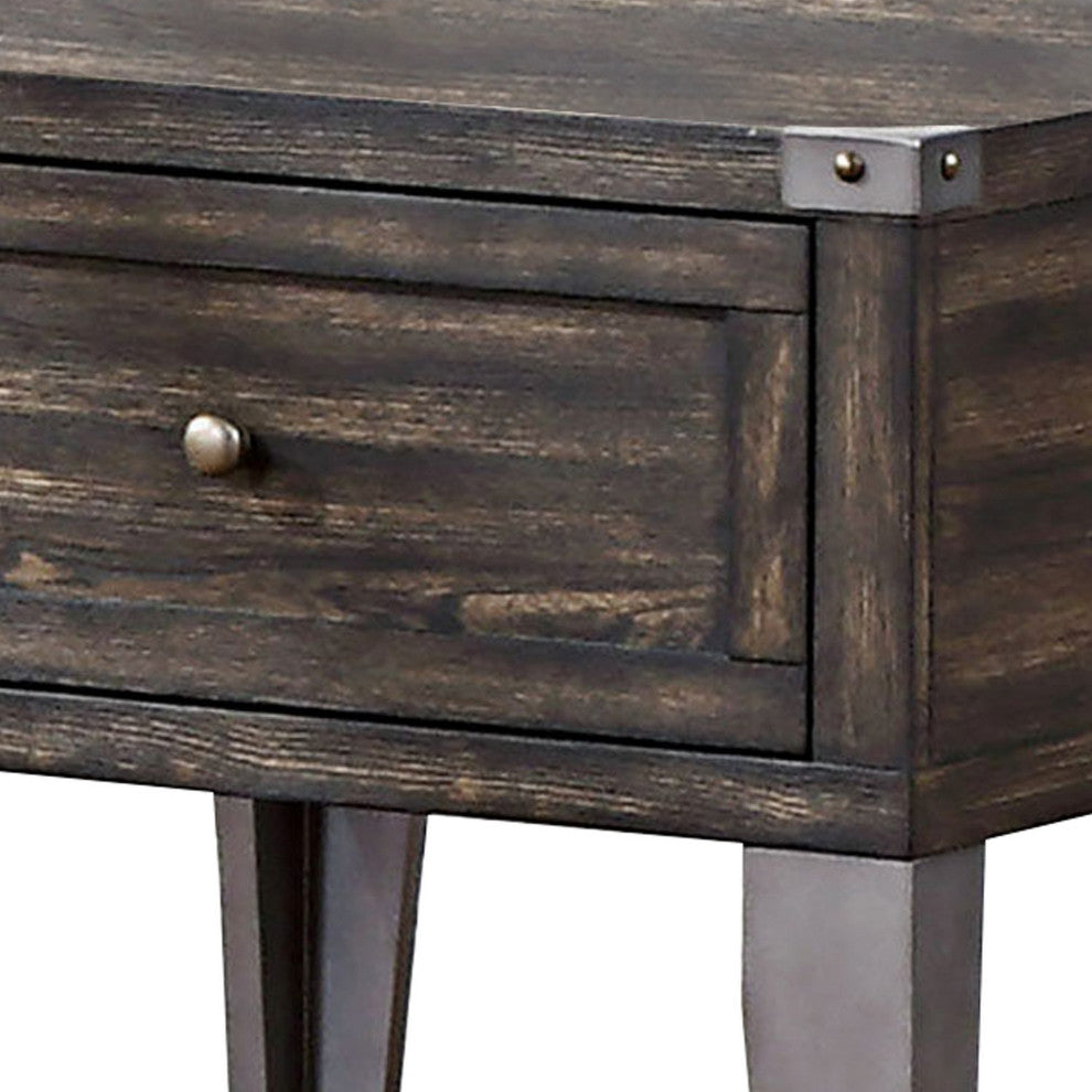 Benzara BM233853 1 Drawer Wooden End Table With Metal Angled Legs, Brown