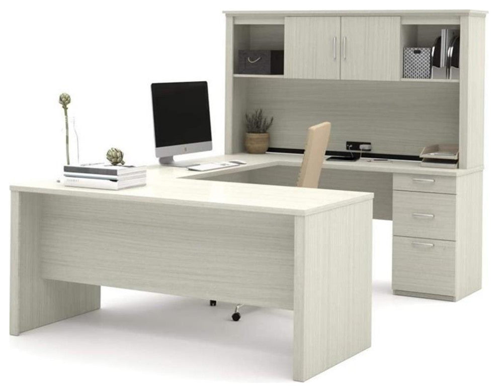 Bestar Logan Modern Wood U Shape Computer Desk with Hutch in White Chocolate