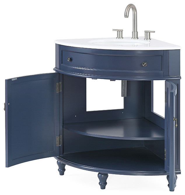 24 Inch Triadsville Grey Corner Design Bathroom Vanity With Quartz Top, Navy Blue