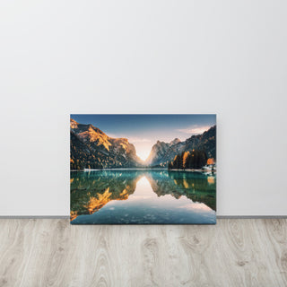 Sunrise Misty Mountain Lake Lively Color Landscape Photo Canvas Art Print, 18" X 24"