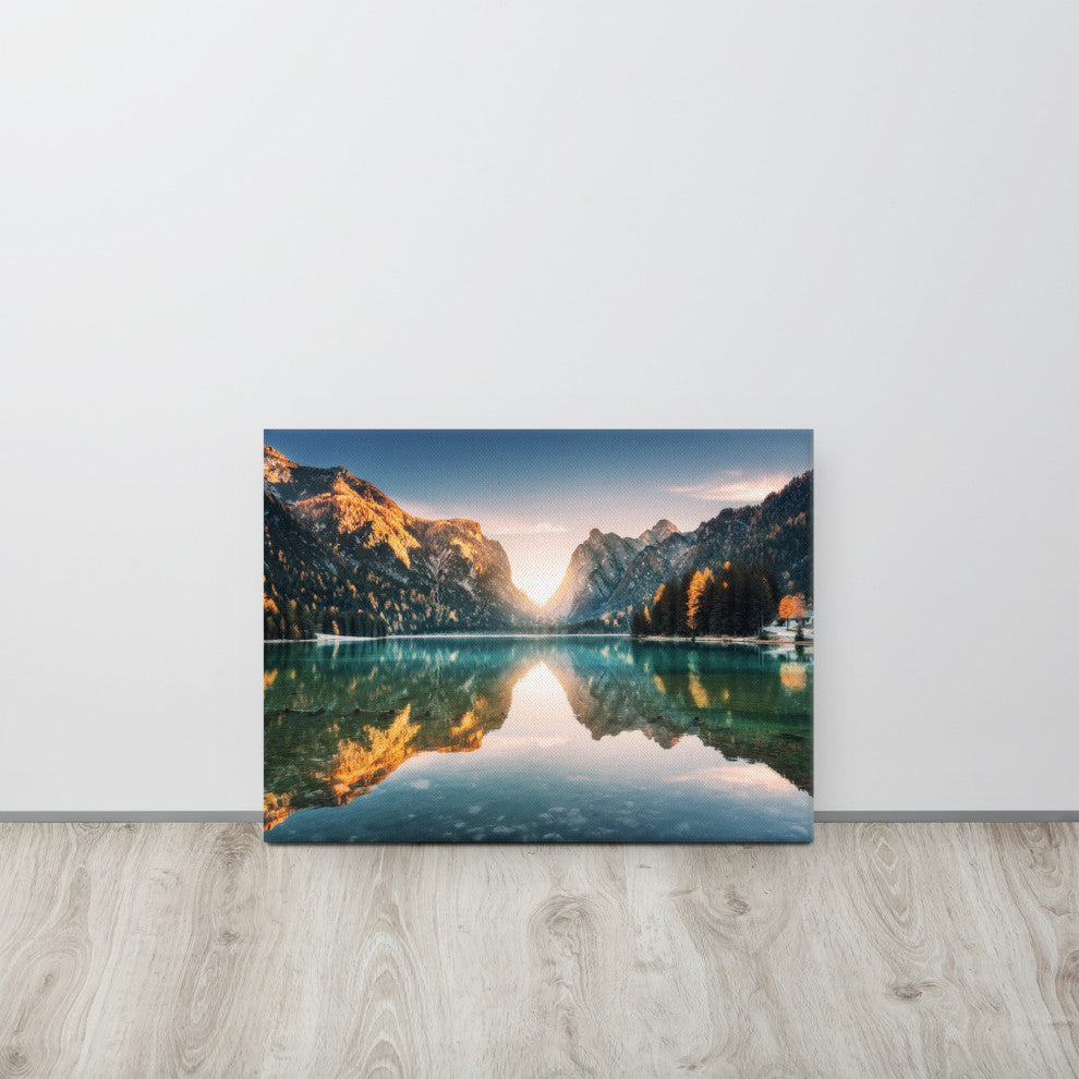 Sunrise Misty Mountain Lake Lively Color Landscape Photo Canvas Art Print, 18" X 24"