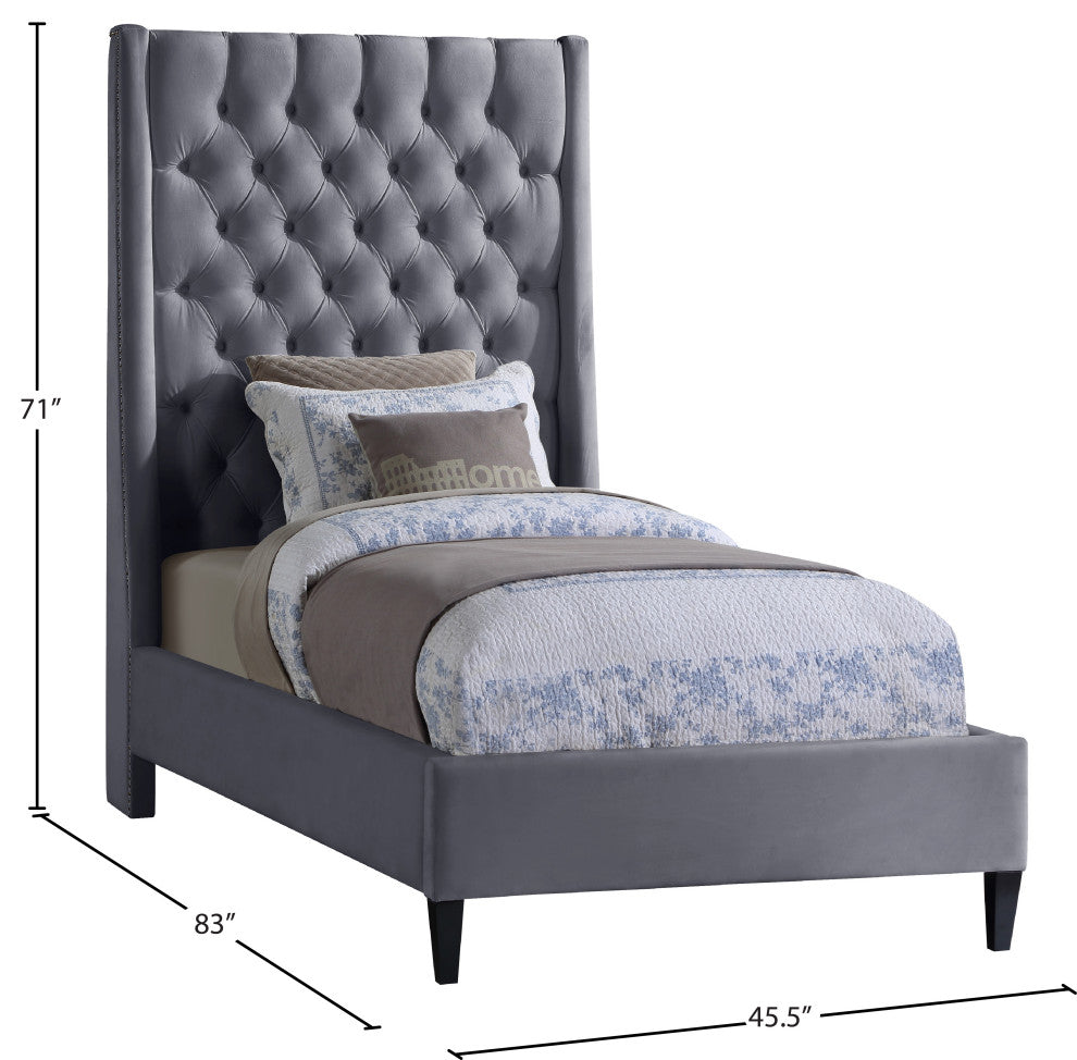 Fritz Velvet Upholstered Bed, Gray, Twin
