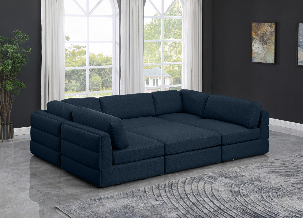 Beckham Linen Textured Fabric 6-Piece Modular U-Shaped Sectional, Navy