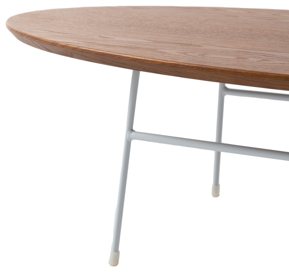 LeisureMod Rossmore Oval Coffee Table With White Steel Frame, Walnut