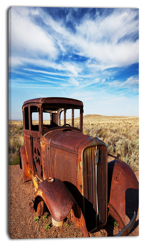 Vintage Car under Bright Blue Sky, Abstract Canvas Artwork, 16"x32"