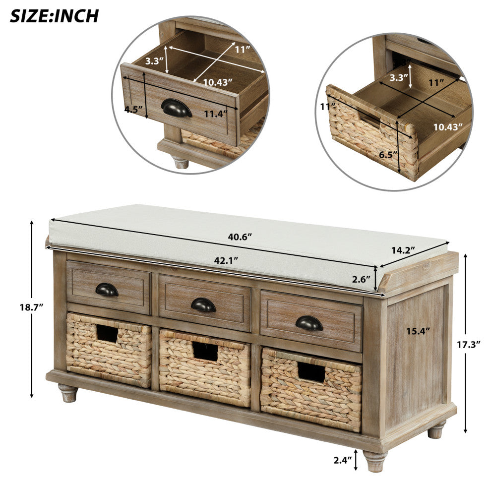 TATEUS 42" Rustic Storage Bench With 3 Drawers and 3 Rattan Baskets, White Washed